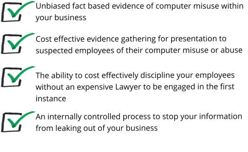 Unbiased fact based evidence of computer misuse within your business Cost effective evidence gathering for presentation to suspected employees of their computer misuse or abuse An internally controlled process to stop your information from leaking out of your business The ability to cost effectively discipline your employees without an expensive Lawyer to be engaged in the first instance